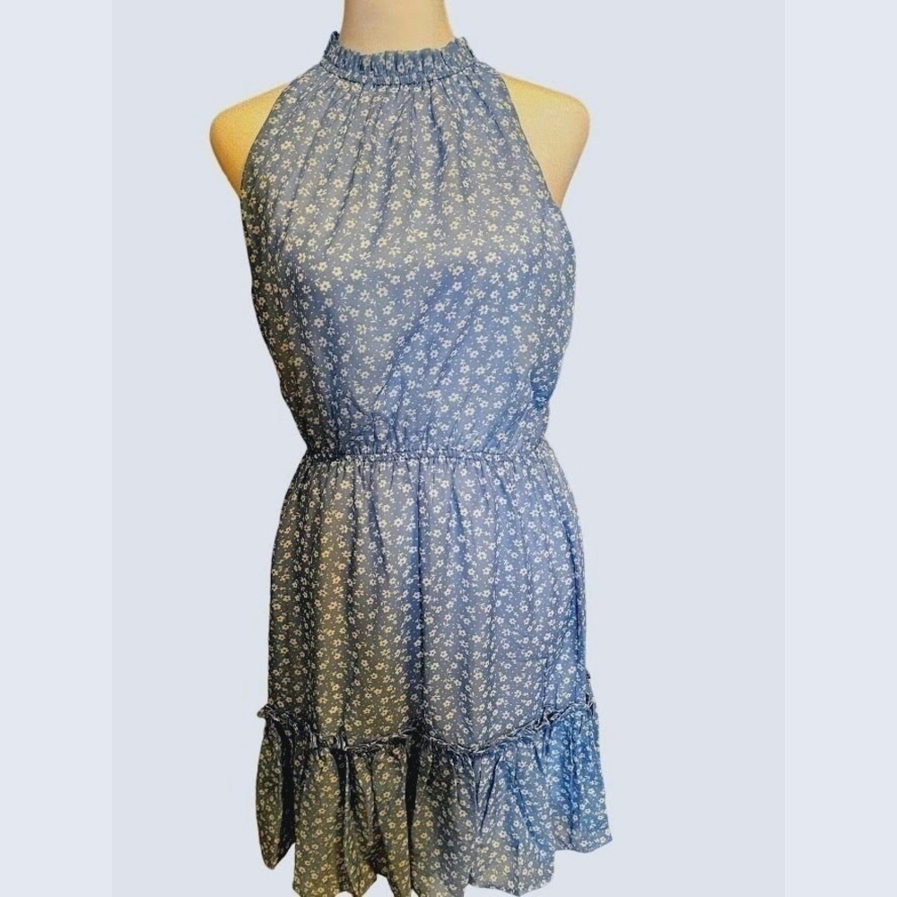 Love‎ Ady Floral Halter Dress Large Blue NEW Smocked Ruffle Mini